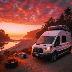 Ford Transit 350 HD extended camper van, van life in Mendocino at sunset-3